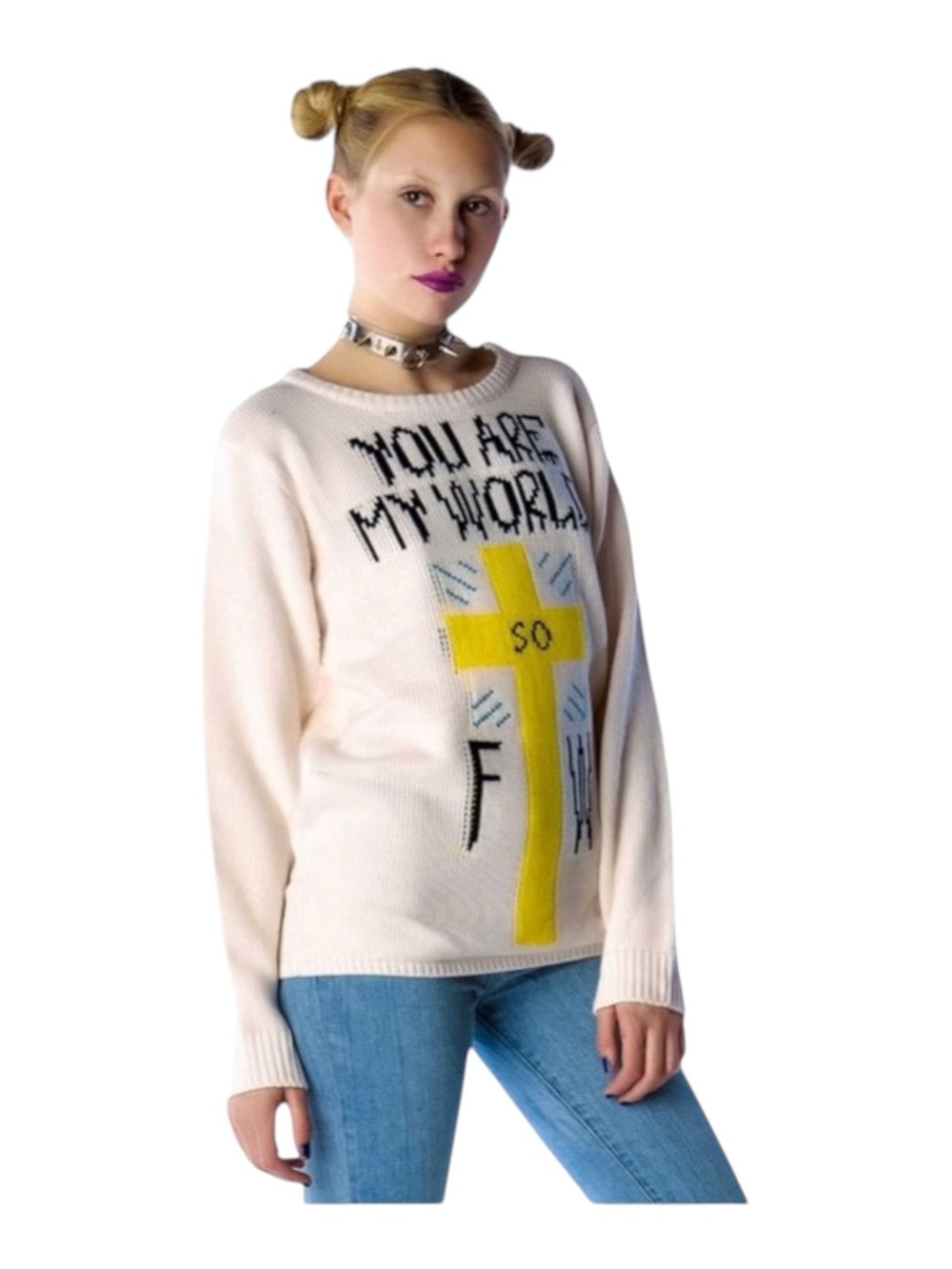 VHTF: new UNIF ♱ You Are My World FTW Sweater ♱ Cozy Intarsia Knit ♱ Ivory Pink - Picture 2 of 16